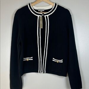 J. Crew Emilie Sweater Lady Jacket - Black and White Striped Contrast Trim